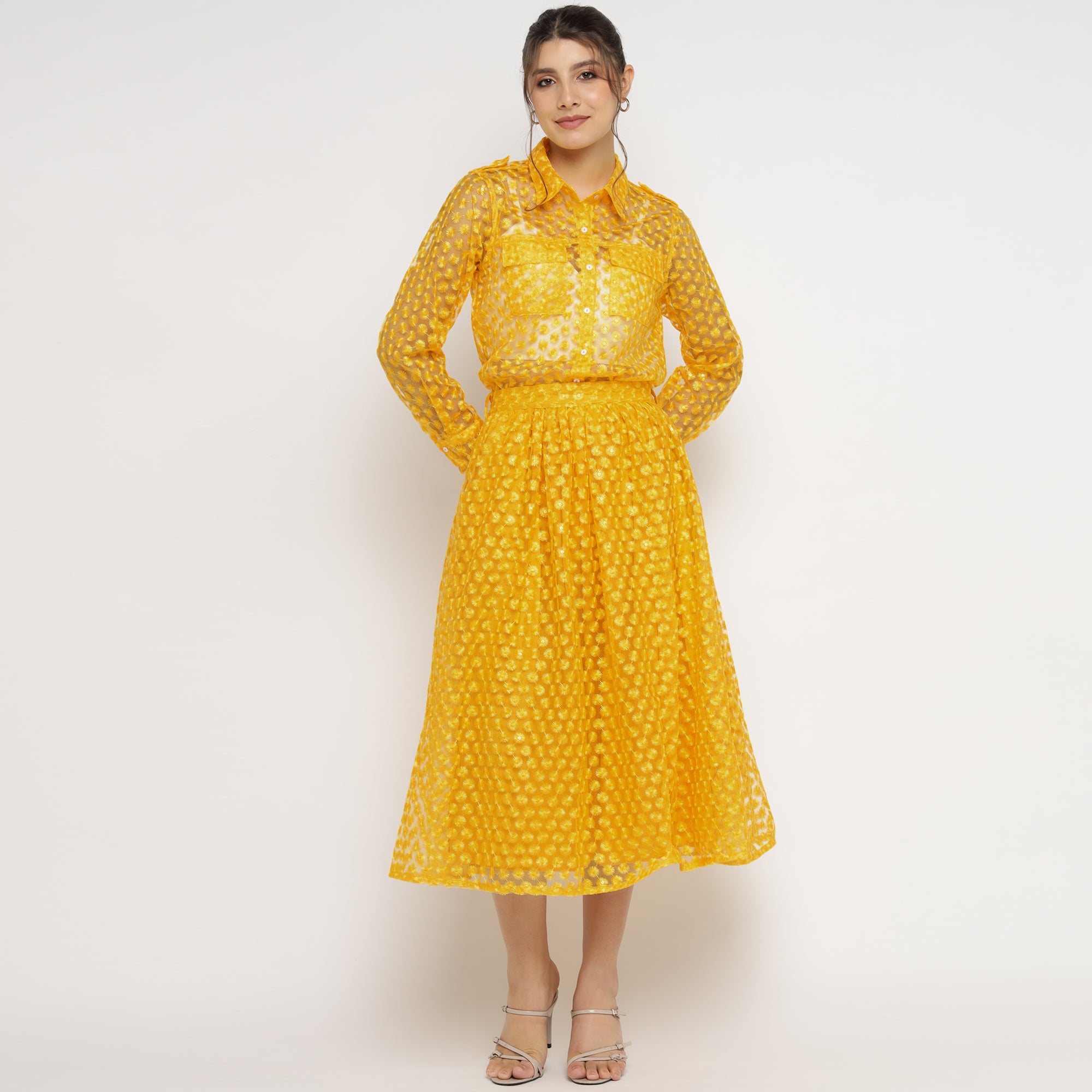 Sunshine Yellow Embroidered 3-Piece Co-ord Set (Shirt, Inner Top & Skirt)